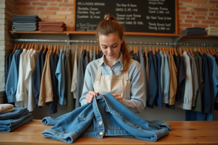 Vendeuse d'une boutique de seconde main inspectant un jean lors d'un rachat de vêtements