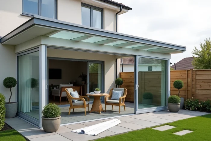 Véranda en kit aluminium et polycarbonate installée sur une maison moderne avec salon de jardin intérieur