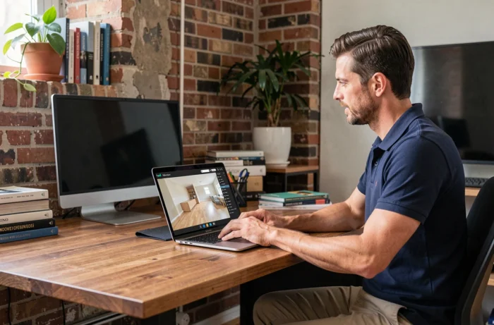 Agent immobilier utilisant un outil de visite virtuelle 360 degrés sur ordinateur portable dans un bureau à domicile