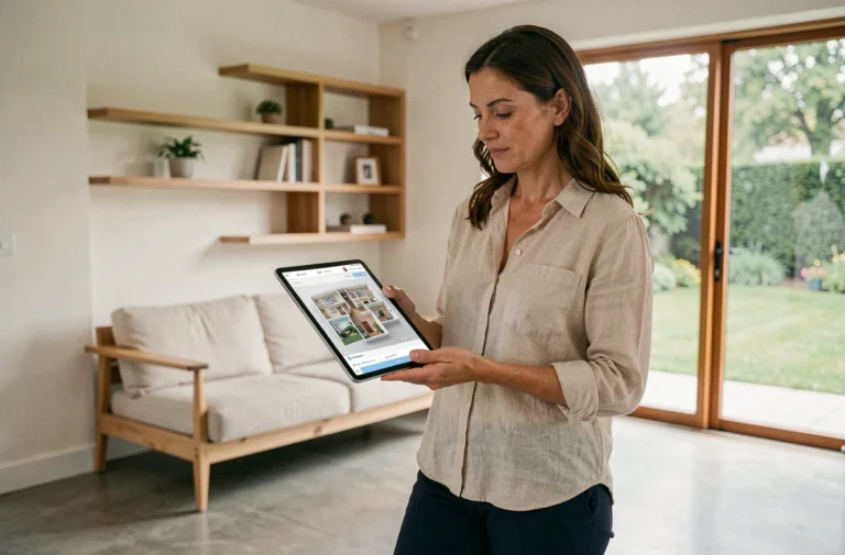 Femme consultant une visite virtuelle 3D de maison sur tablette dans un salon moderne et lumineux