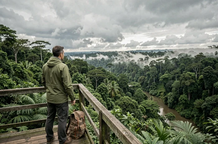 Voyageur solitaire contemplant l'immensité de la forêt amazonienne depuis un belvédère en bois au Brésil