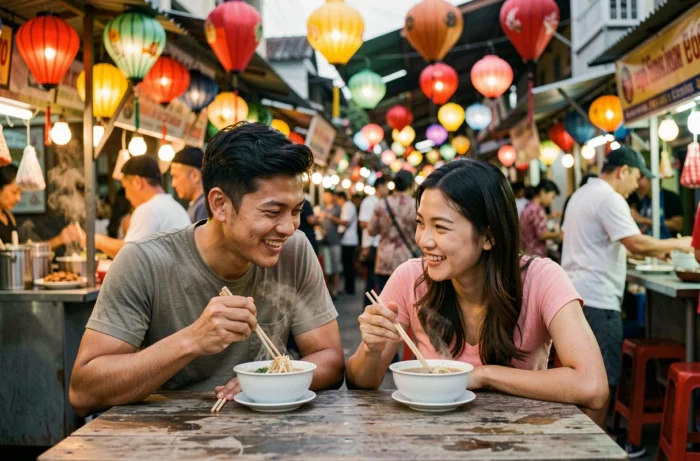 Deux voyageurs dégustant un repas de rue dans un marché animé en Asie du Sud-Est