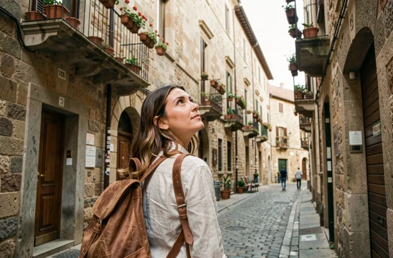 Voyageuse admirant l'architecture historique d'une rue pavée européenne avec un sac à dos en cuir