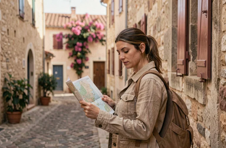 Voyageuse consultant une carte dans une ruelle pavée d'une vieille ville méditerranéenne