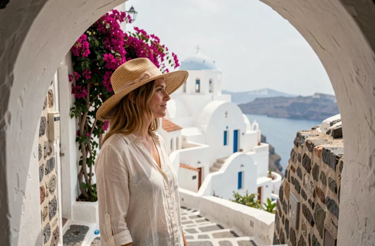 Voyageuse contemplant les célèbres églises à dôme bleu de Santorin depuis une ruelle pavée fleurie de bougainvilliers