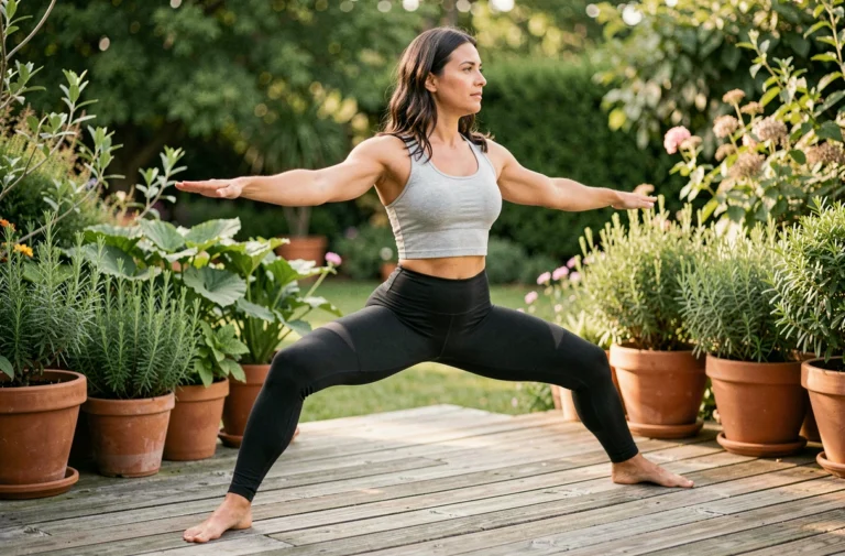 Femme pratiquant le yoga en plein air sur une terrasse en bois entourée de plantes vertes, illustrant un mode de vie sain et équilibré
